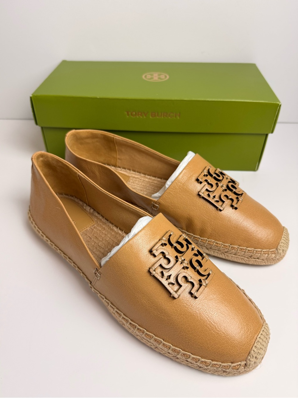 Tory Burch Cut-Out Logo Leather Espadrille Flats Ginger Shortbread US 11